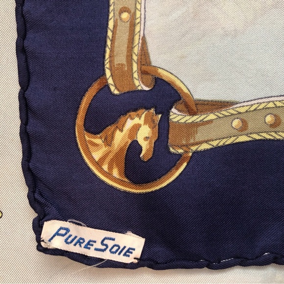 Hand Finished Gold Navy & Pale blue Vintage Pellegrin Paris Scarf from France 🇫🇷 - Picture 5 of 7